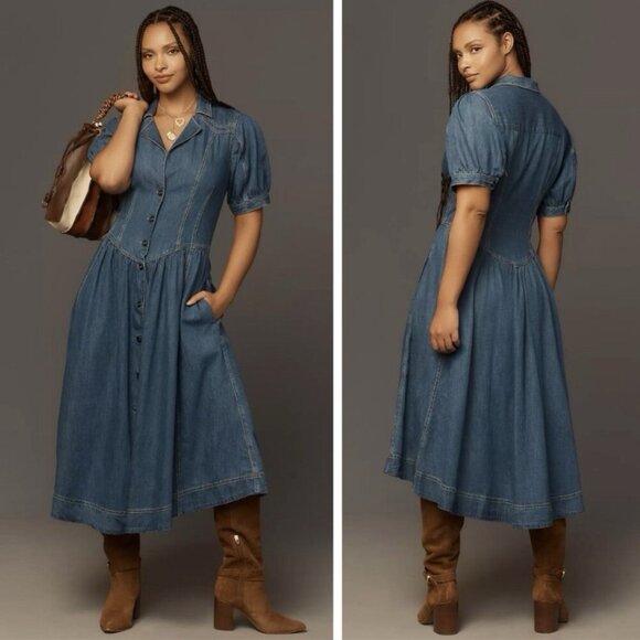 Anthropologie Pilcro Short-Sleeve Denim Midi Shirt Dress Western Festival 6P - Picture 8 of 10